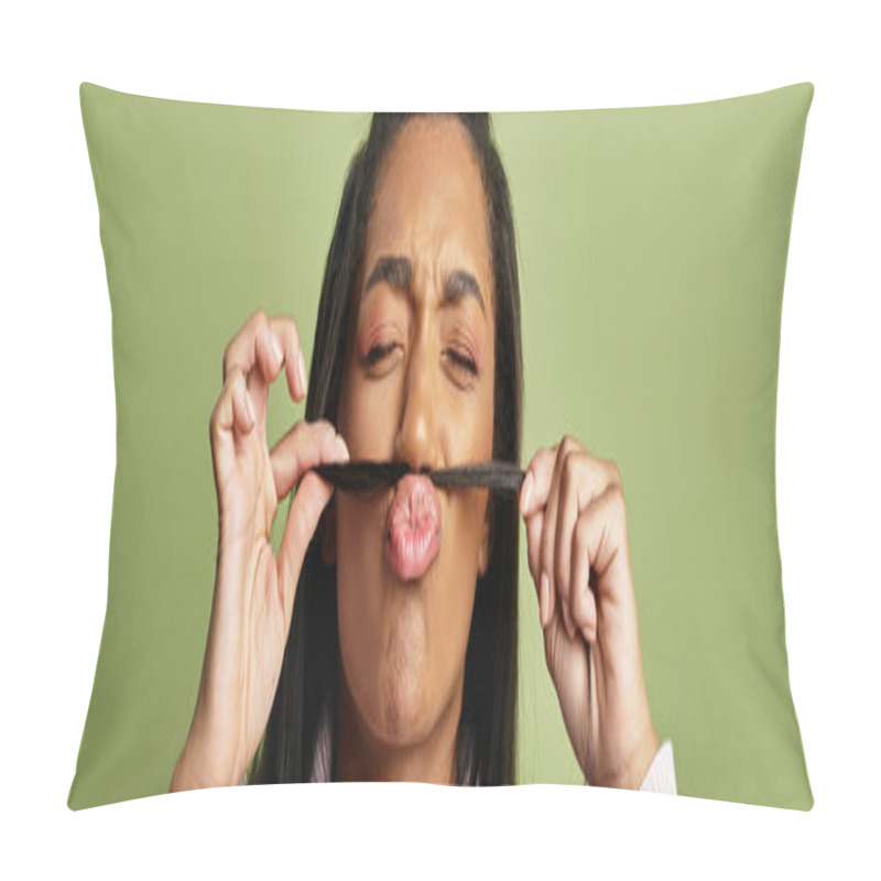 Personality  A Young Woman Humorously Twists Her Hair Into A Mustache While Dressed In Warm Seasonal Attire. Pillow Covers