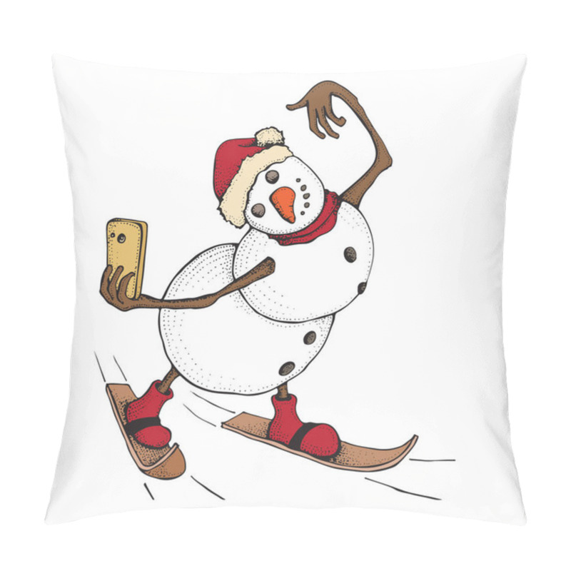 Personality  Funny Snowman Skiing. Cute Winter Holiday. The Character With A Smartphone Takes A Selfie. Hand Drawn Doodle Illustration Isolated On White Background. Merry Christmas And Happy New Year Pillow Covers