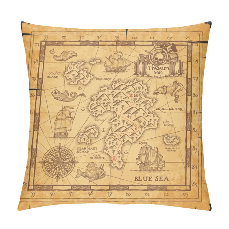 Personality  Pirate Treasure Map Of Skull Island Vector Sketch. Old Scroll Map Of Islands And Sea With Vintage Nautical Compass Rose, Pirate Ship And Sail Boat, Helm, Flag And Treasure Chest, Mountains And Cross Pillow Covers