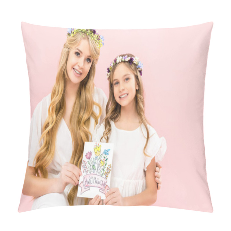 Personality  Smiling Mother And Cute Child In Delicate White Dresses And Floral Wreaths Holding Happy Mothers Day Greeting Card On Pink Background Pillow Covers