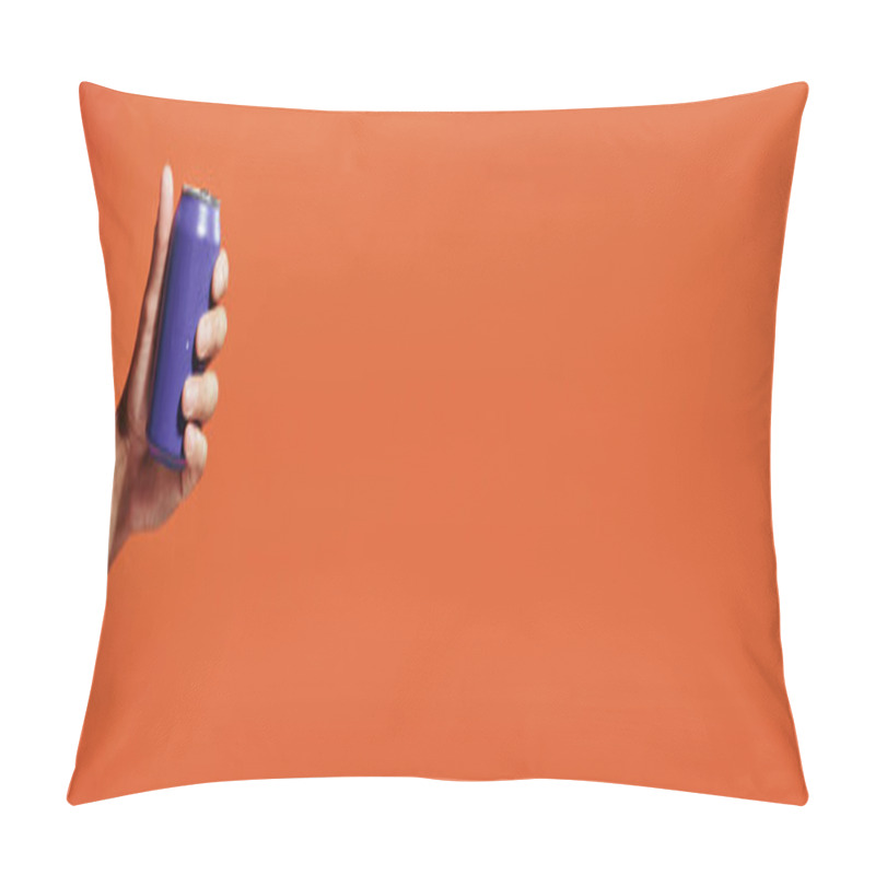 Personality  Cropped Banner Of Person Holding Purple Soda Can In Hand On Orange Background, Carbonated Drink Pillow Covers