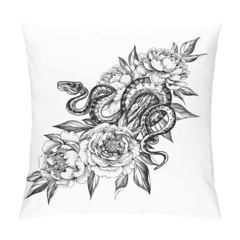 Personality  Hand Drawn Monochrome Creeping Python Among Peony Flowers Pillow Covers