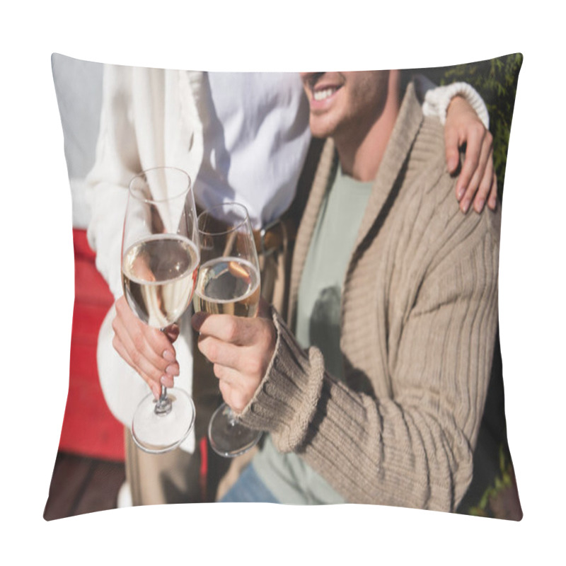 Personality  Cropped View Of Couple In Warm Cardigans Toasting With Wine Outdoors  Pillow Covers