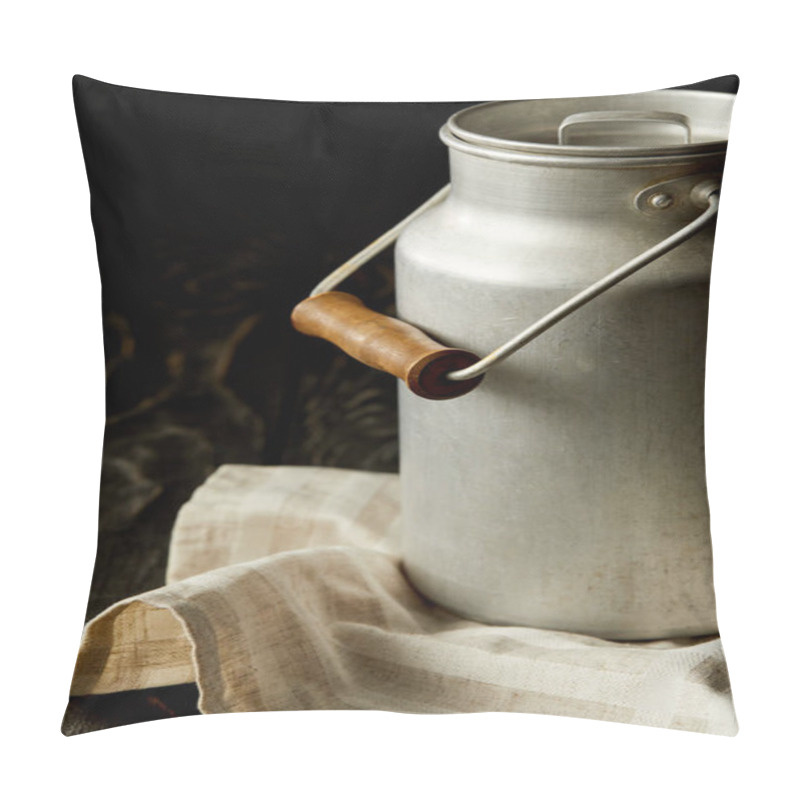 Personality  Closeup View Of Milk In Aluminium Can On Sackcloth On Black Background  Pillow Covers