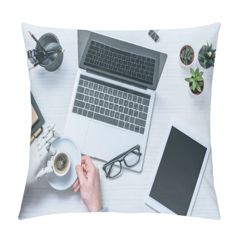 Personality  Cropped Image Of Businessman With Prosthetic Arm Drinking Coffee At Table With Laptop, Digital Tablet And Eyeglasses  Pillow Covers