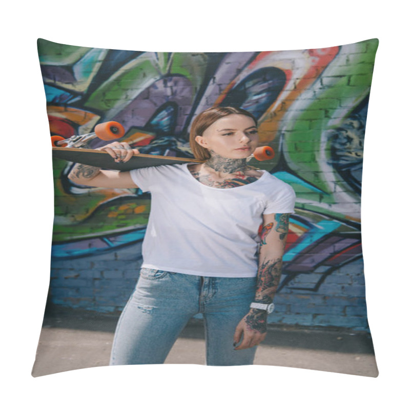 Personality  Young Woman With Tattoos Holding Skateboard Over Shoulder Near Wall With Colorful Graffiti Pillow Covers