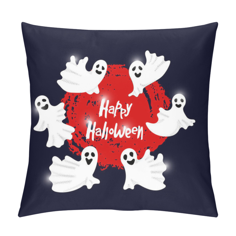 Personality  Happy Halloween Party Composition With Flying Ghosts And Pumpkin On White Background. Trick Or Treat. Holiday Concept. Design For Greeting Card, Banners, Invitations. Vector Illustration. Pillow Covers