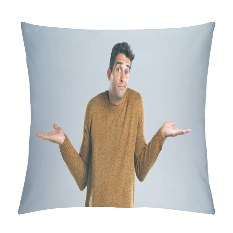 Personality  Man, Portrait And Unsure With Hands In Studio For Question, Confused Or Doubt With Decision On Mockup Space. Person, Choice Or Scale For Options With Comparison, Shrug Or Uncertain On Gray Background. Pillow Covers