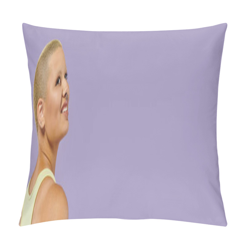 Personality  Radiating Joy, A Young Bald Woman In Lively Clothing Beams With Happiness In A Pastel Setting. Pillow Covers