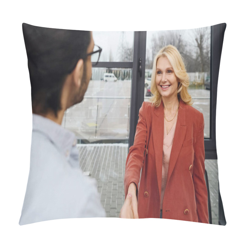 Personality  A Woman And Man Shake Hands In An Office Setting. Pillow Covers