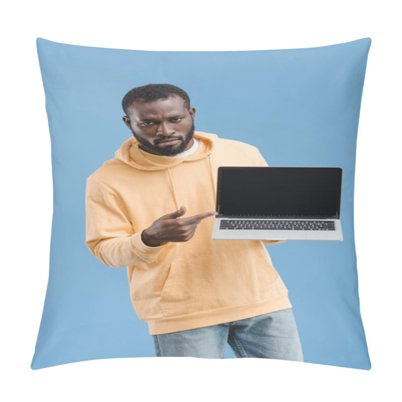 Personality  Serious Young African American Man Pointing By Finger At Laptop With Blank Screen Isolated On Blue Background Pillow Covers