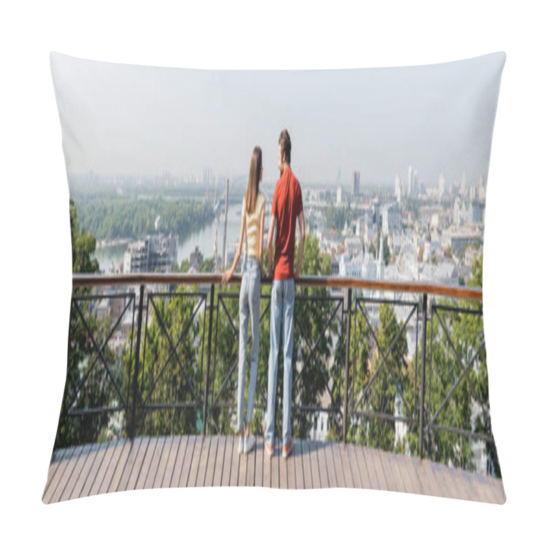 Personality  Side View Of Positive Travelers Standing Near Railing On Viewpoint In City, Banner  Pillow Covers