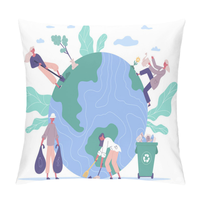 Personality  People Protecting Environment, Take Care About Earth. Ecology Protect, Volunteers Planting And Cleaning Environment Vector Illustration. Nature Protect Concept Pillow Covers