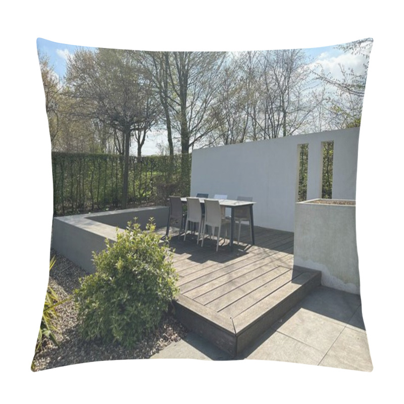 Personality  Appeltern, Netherlands, April 09, 2023: The Garden Inspiration Park For The Whole Family. Modern Garden Landscape With Walls, Geometry And Furniture Pillow Covers