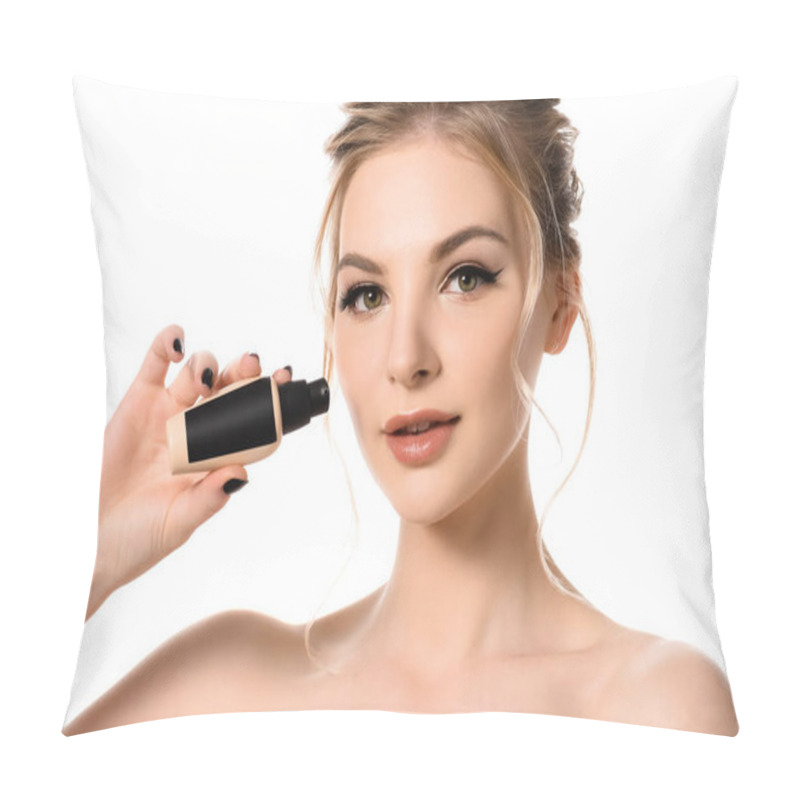 Personality  Naked Beautiful Blonde Woman With Makeup And Black Nails Holding Face Foundation Isolated On White Pillow Covers