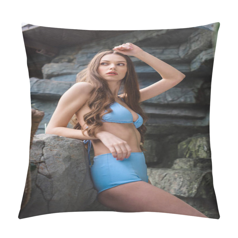 Personality  Attractive Girl Posing In Blue Bikini On Tropical Resort Pillow Covers