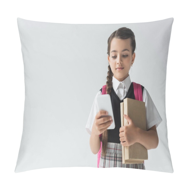 Personality  Adorable Schoolgirl In Uniform Using Smartphone And Holding Books Isolated On Grey Pillow Covers