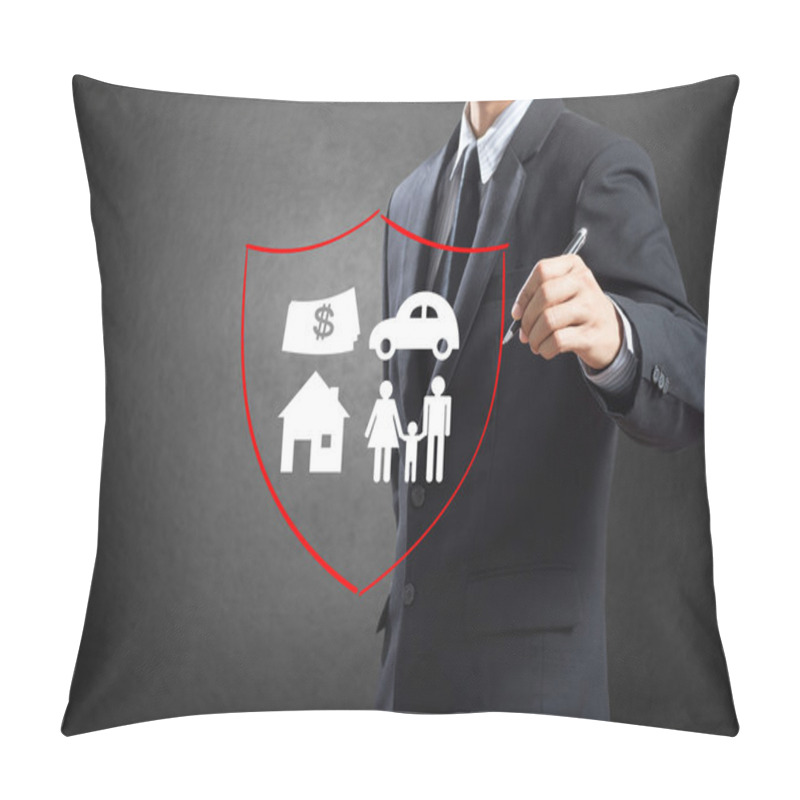 Personality  Business Man Drawing Shield Protecting Family, House, Car, Money. Pillow Covers