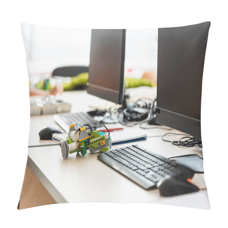 Personality  Selective Focus Of Robot On Table Near Computers In Stem School  Pillow Covers