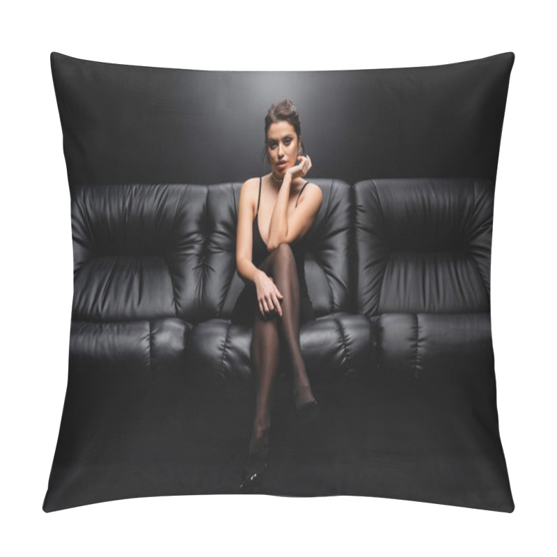 Personality  Full Length Of Sexy Woman In Slip Dress And Tights Sitting On Sofa On Black Background Pillow Covers