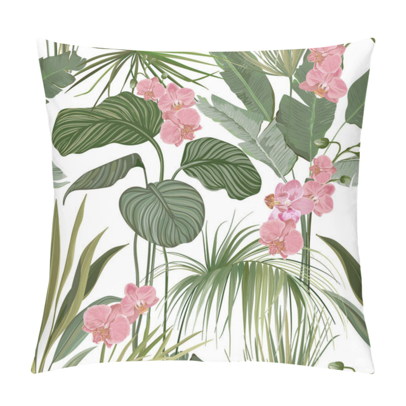 Personality  Seamless Floral Tropical Print With Exotic Orchid Pink Flowers, Green Jungle Leaves On White Background. Rainforest Blossoms And Plants, Nature Textile Ornament Or Wrapping Paper. Vector Illustration Pillow Covers