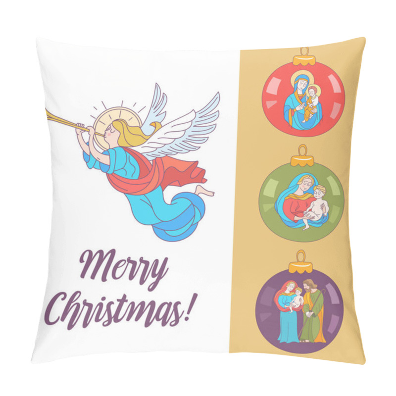 Personality  Merry Christmas. Vector Postcard, Illustration. Angels Trumpeting. Isolated On White Background. Set Of Christmas Balls With The Image Of The Virgin Mary Madonna With Baby Jesus And St. Joseph. Pillow Covers