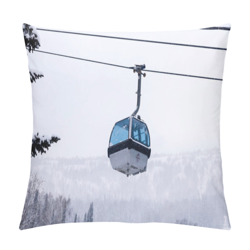 Personality  Ski Lift On The Cable Car With A Closed Cabin With Blue Mirrored Glass On The Background Of Snow-capped Mountains, Blizzards, Evergreen Trees. Concept Place For Inscription, Copy Space Pillow Covers