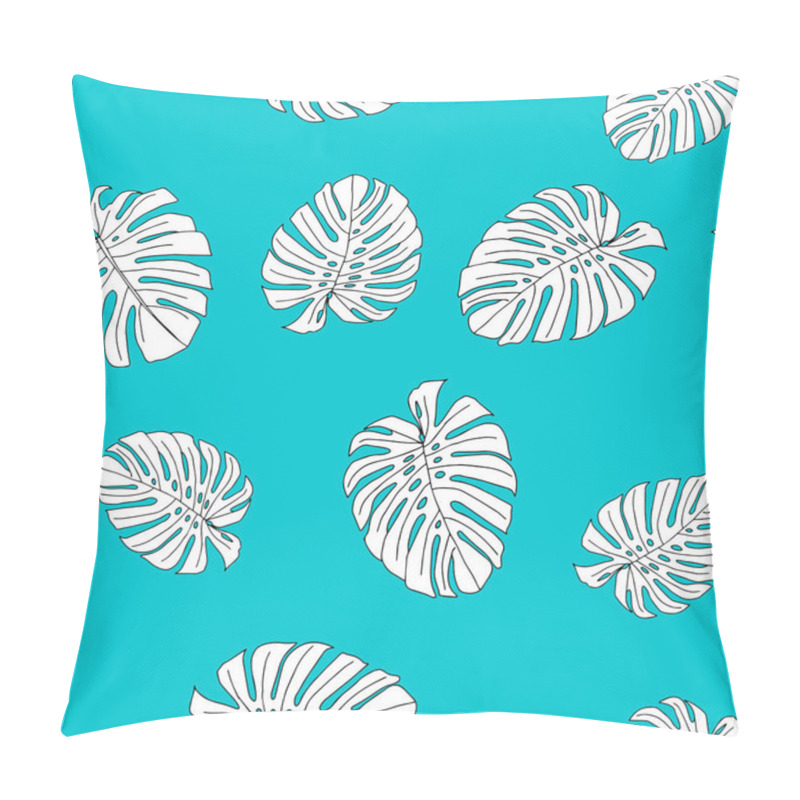 Personality  An Illustration Of White Leaves Monstera Isolated On A Blue Background. Seamless Pattern Pillow Covers