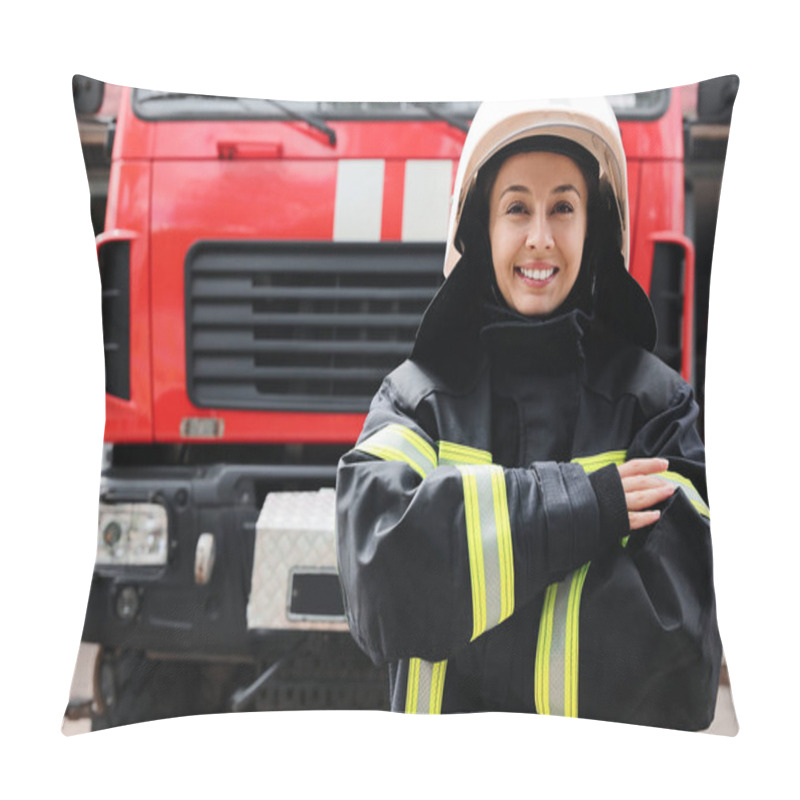 Personality  Portrait Of Firefighter In Uniform And Helmet Near Fire Truck Outdoors Pillow Covers