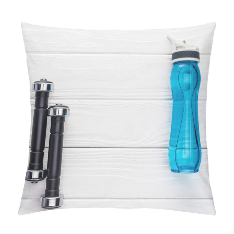 Personality  Top View Of Dumbbells And Bottle Of Water On Wooden Surface Pillow Covers