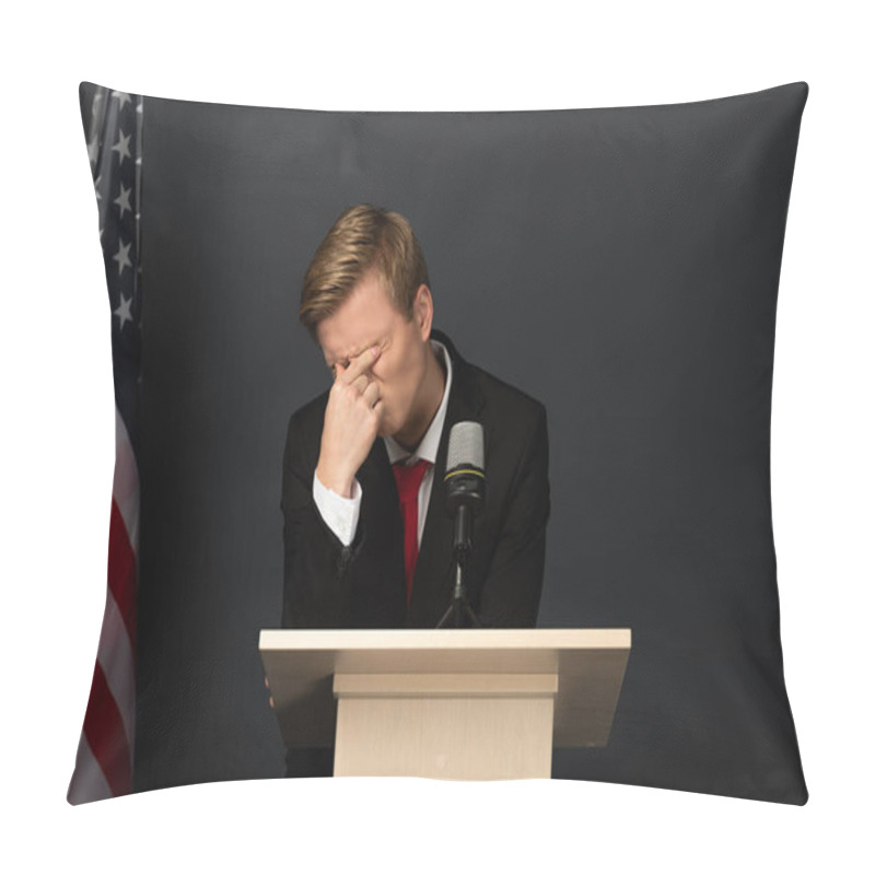 Personality  Emotional Man With Obscure Face On Tribune With American Flag On Black Background Pillow Covers