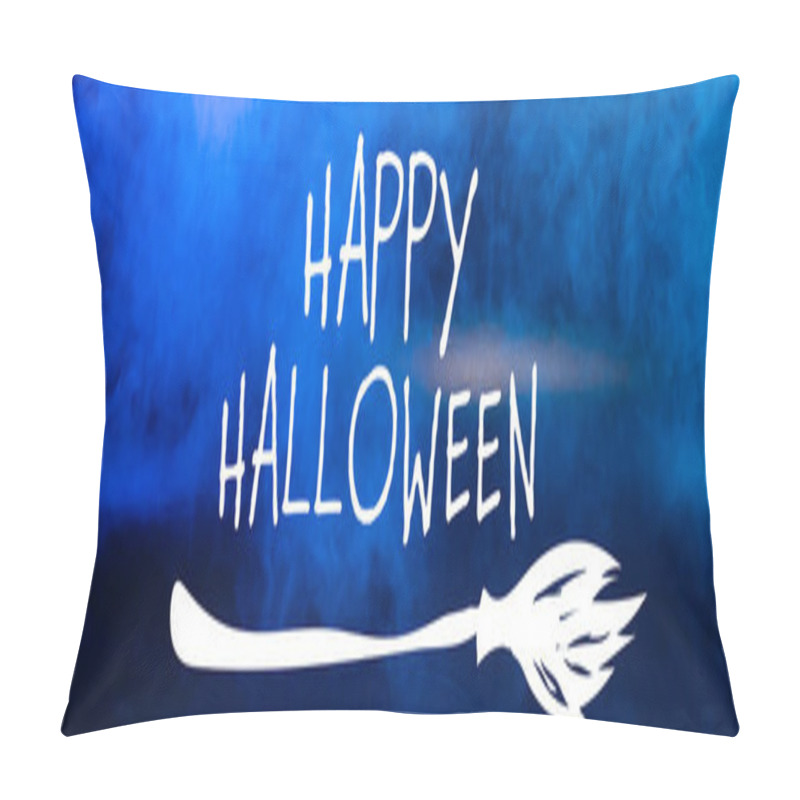 Personality  Happy Halloween Lettering On Blue Dark Background With Smoke, Banner Pillow Covers