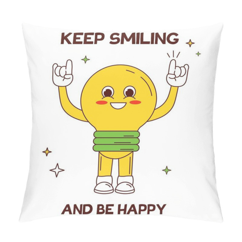 Personality  Funny Light Bulb. Poster Or Banner For Website In Retro Style. Social Network Sticker, Motivational Quote. Positivity And Optimism. Hippie And Hallucinogenic. Cartoon Flat Vector Illustration Pillow Covers