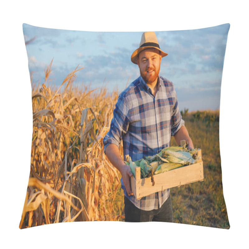 Personality  Horizon Line Is Visible In Corn Field, Young Agronomist Farmer Man Is Standing, Smiling, Holding Box Of Corn In Hands, Front View,. High Quality Photo Pillow Covers