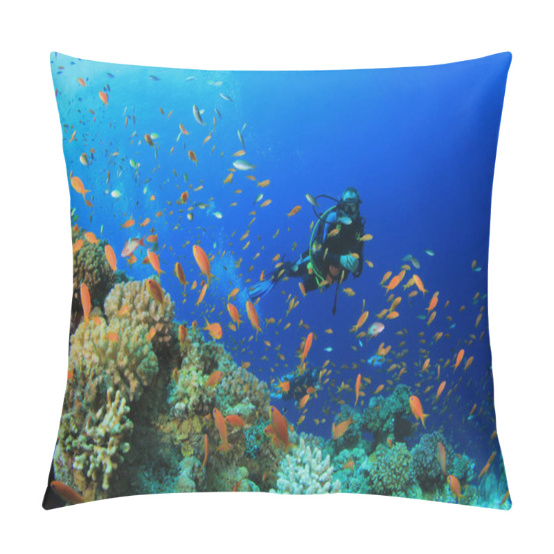 Personality  Underwater Photo Of Diver In The Depth Of Blue Sea Pillow Covers