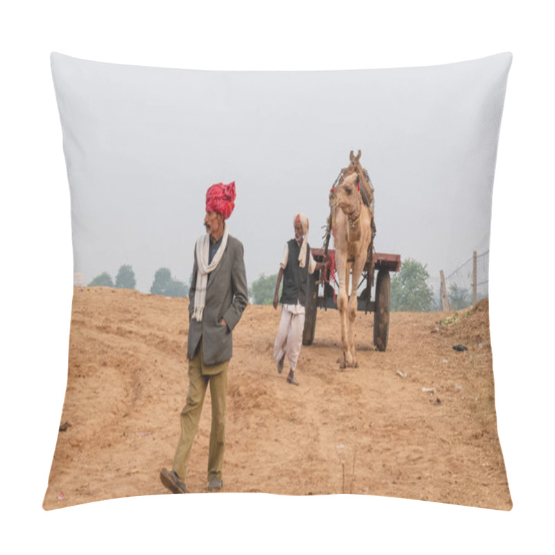 Personality  PUSHKAR, RAJASTHAN / INDIA - NOVEMBER 2019 : Portrait Of Camel Trader/indian Man With Ethnic Rajasthani Dress And Colorful Turban (Pagdi)  With Camels On Pushkar Camel Fair Ground Pillow Covers