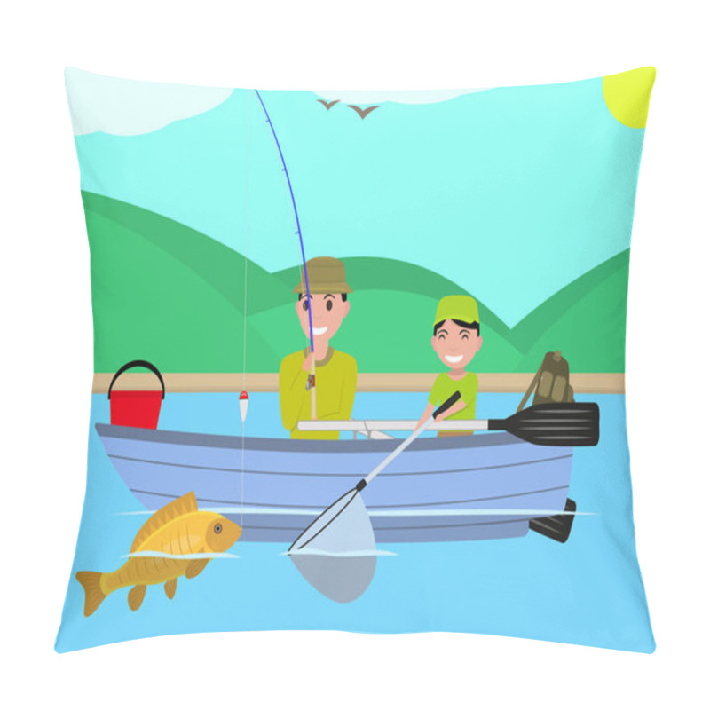 Personality  Vector Cartoon Father Son Together Fishing Boat Pillow Covers