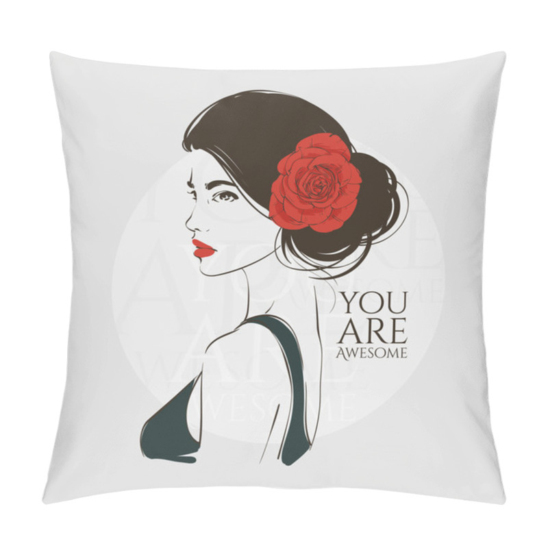 Personality  Portrait Of Young Beautiful Woman With Red Rose In Hair. Vector Hand Drawn Illustration. Pillow Covers