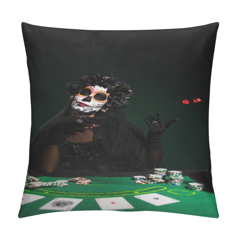 Personality  KYIV, UKRAINE - SEPTEMBER 12, 2022: Woman In Halloween Costume Throwing Dice Near Playing Cards And Chips On Dark Green  Pillow Covers