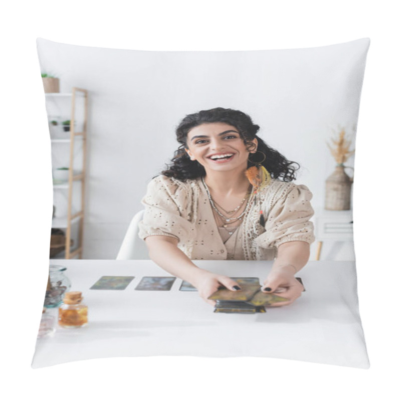 Personality  Smiling Gypsy Fortune Teller Looking At Camera And Holding Tarot Cards At Home  Pillow Covers