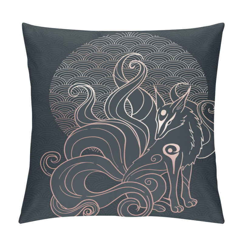 Personality   Illustration With Kitsune, Nine Tailed Fox, Black And Gold Pillow Covers