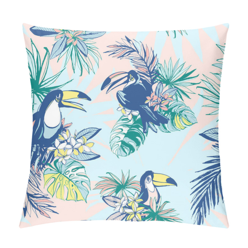 Personality  Seamless Pattern Ink Hand Drawn Tropical Palm Leaves, Flowers, Birds. Pillow Covers