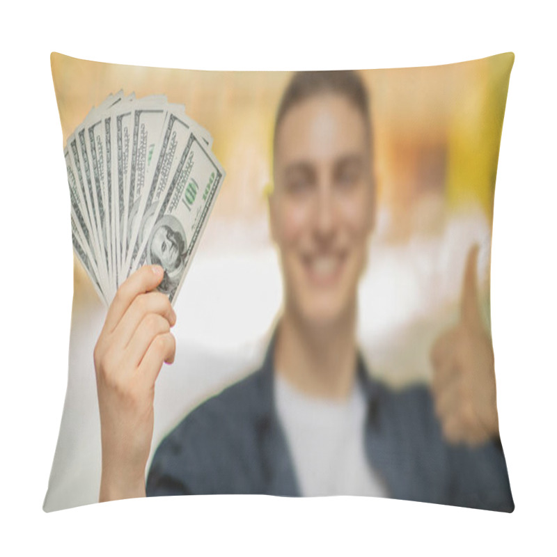 Personality  Glad Millennial Caucasian Man In Casual, Show Many Dollars Cash, Thumb Up Gesture, Win In City, Outdoor, Blurred. Shopping, Sale, Recommends Finance, Money Profit, Saving Approving Sign Pillow Covers