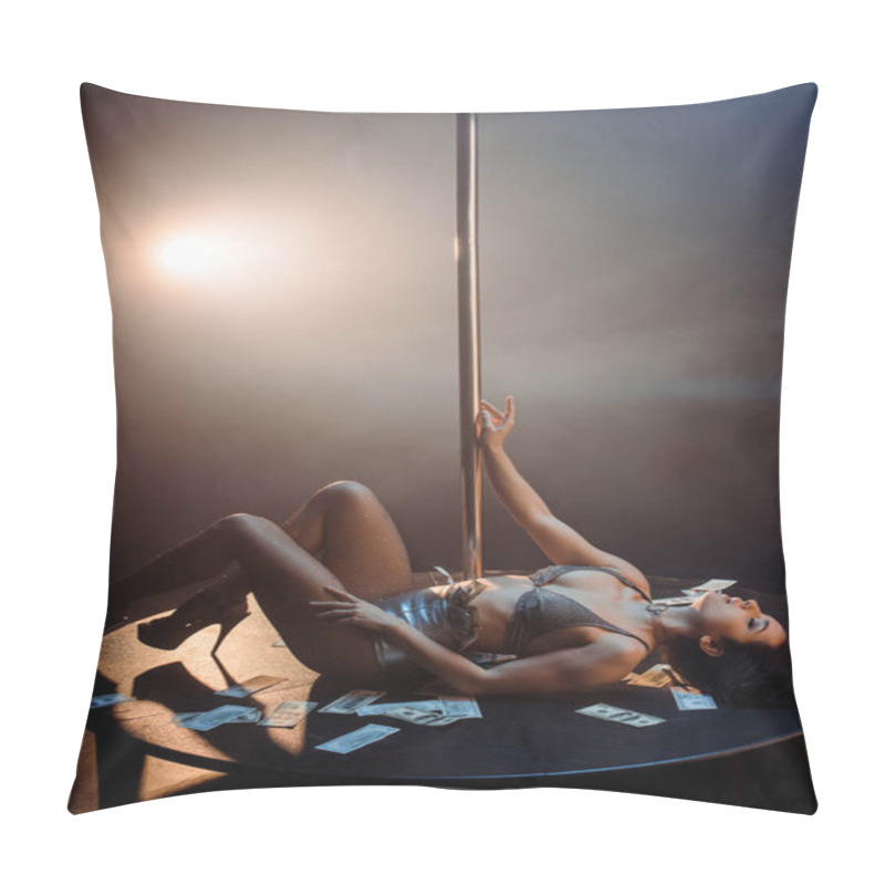 Personality  Stripper Lying Near Pylon And Dollar Banknotes On Black With Smoke Pillow Covers