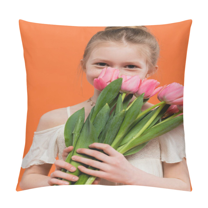 Personality  Preteen Girl In White Sun Dress Holding Pink Tulips On Orange Background, Fashion And Style Concept, Bouquet Of Flowers, Fashionable Kid, Vibrant Colors, Covering Face  Pillow Covers