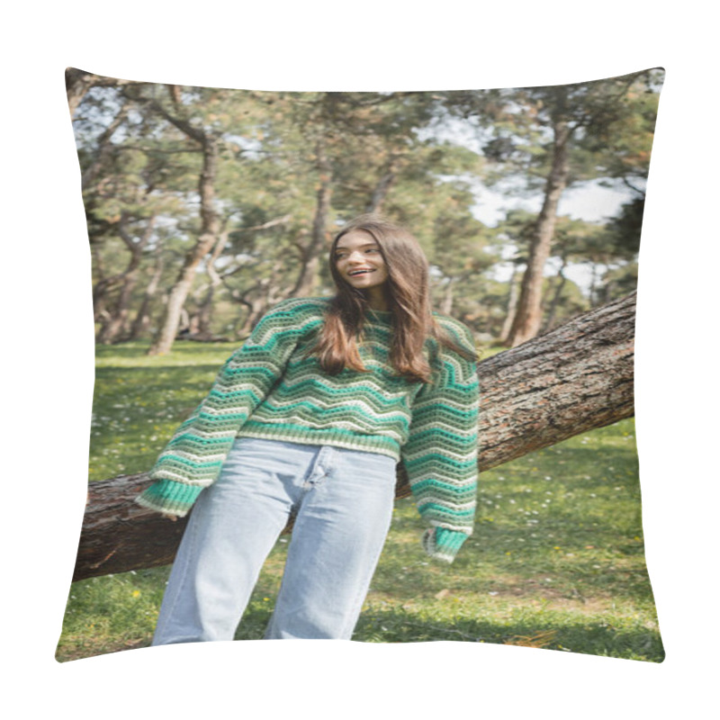 Personality  Positive Woman In Knitted Sweater And Jeans Looking Away While Standing In Park  Pillow Covers