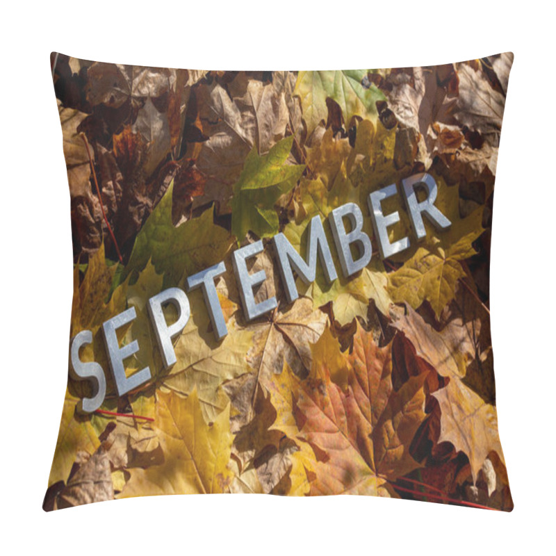 Personality  Word September Laid With Silver Metal Letters On Fallen Maple Leaves On Autumn Forest Floor Under Direct Sunlight Pillow Covers