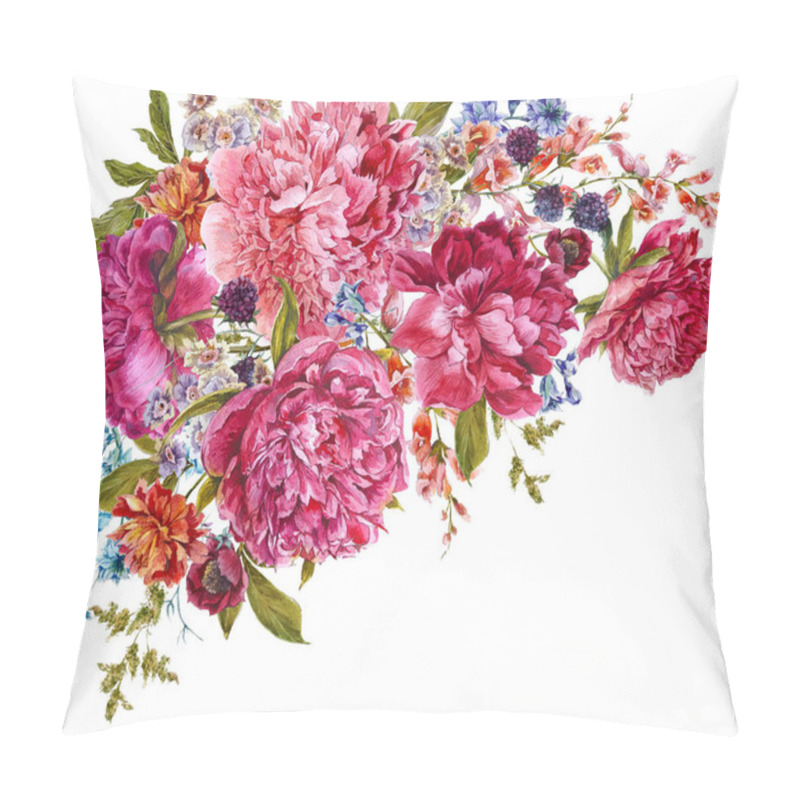 Personality  Watercolor Burgundy Peonies, Natural Dark Pink Peonies Flower, Berries, Wildflowers, Spring, Summer Isolated Illustration, Vintage Floral Template Pillow Covers