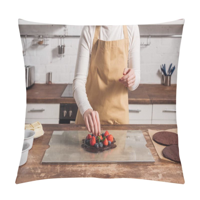 Personality  Partial View Of Woman In Apron Preparing Delicious Cake With Berries In Kitchen   Pillow Covers