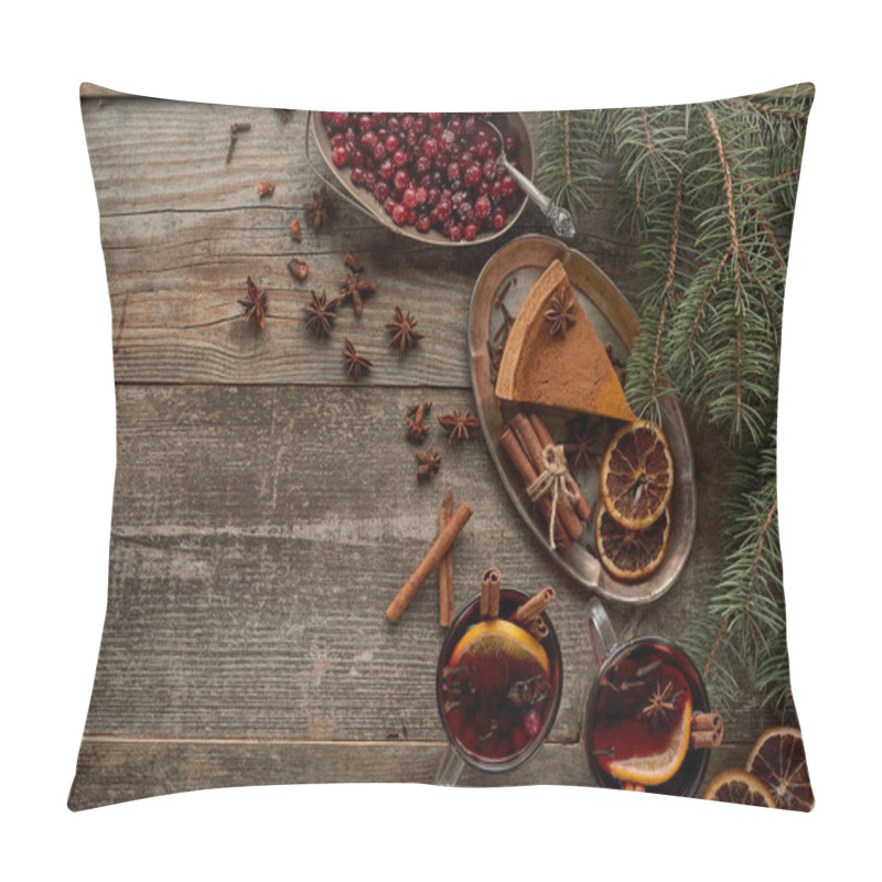 Personality  Top View Of Red Spiced Mulled Wine Near Fir Branch, Pie, Berries, Anise, Orange Slices And Cinnamon On Wooden Rustic Table Pillow Covers